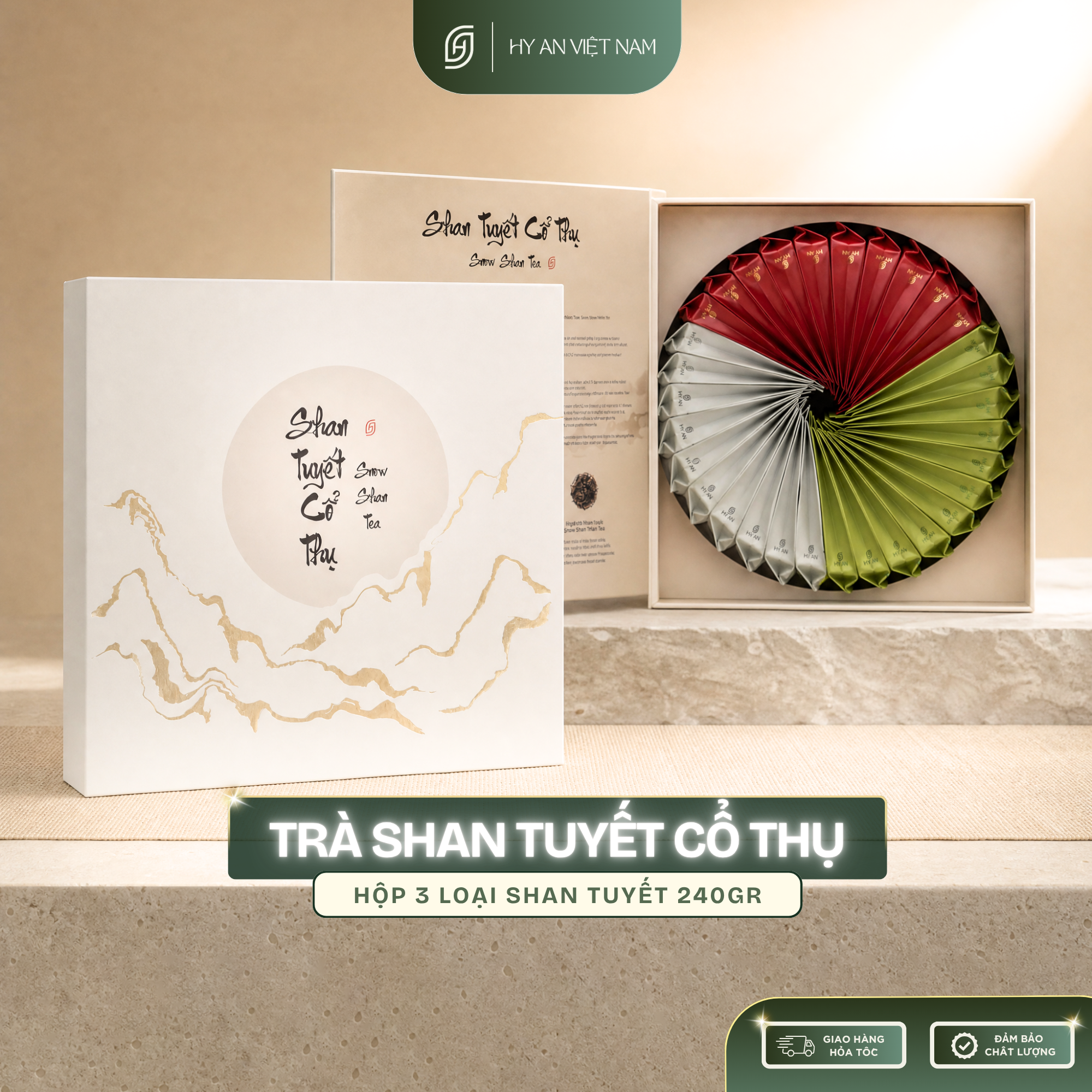 Hộp trà Shan Tuyết Cổ Thụ - Lục Trà Shan Tuyết, Hồng Trà Shan Tuyết, Bạch Trà Shan Tuyết - Trà Cổ Thụ Hà Giang - Quà biếu tặng thượng hạng - Hy An Tea Nước Chè Trà - Ống trà trải nghiệm